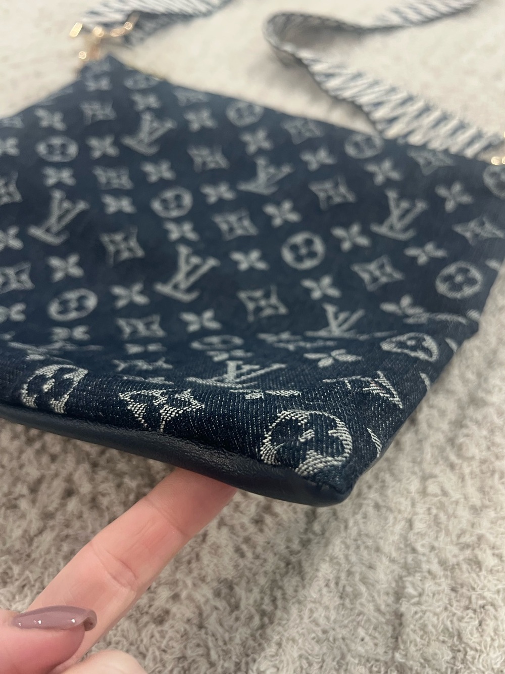 *Up cycled crossbody bag/Louis Vuitton Denim Monogram Fabric w/ Patterned Strap - Picture 2 of 8